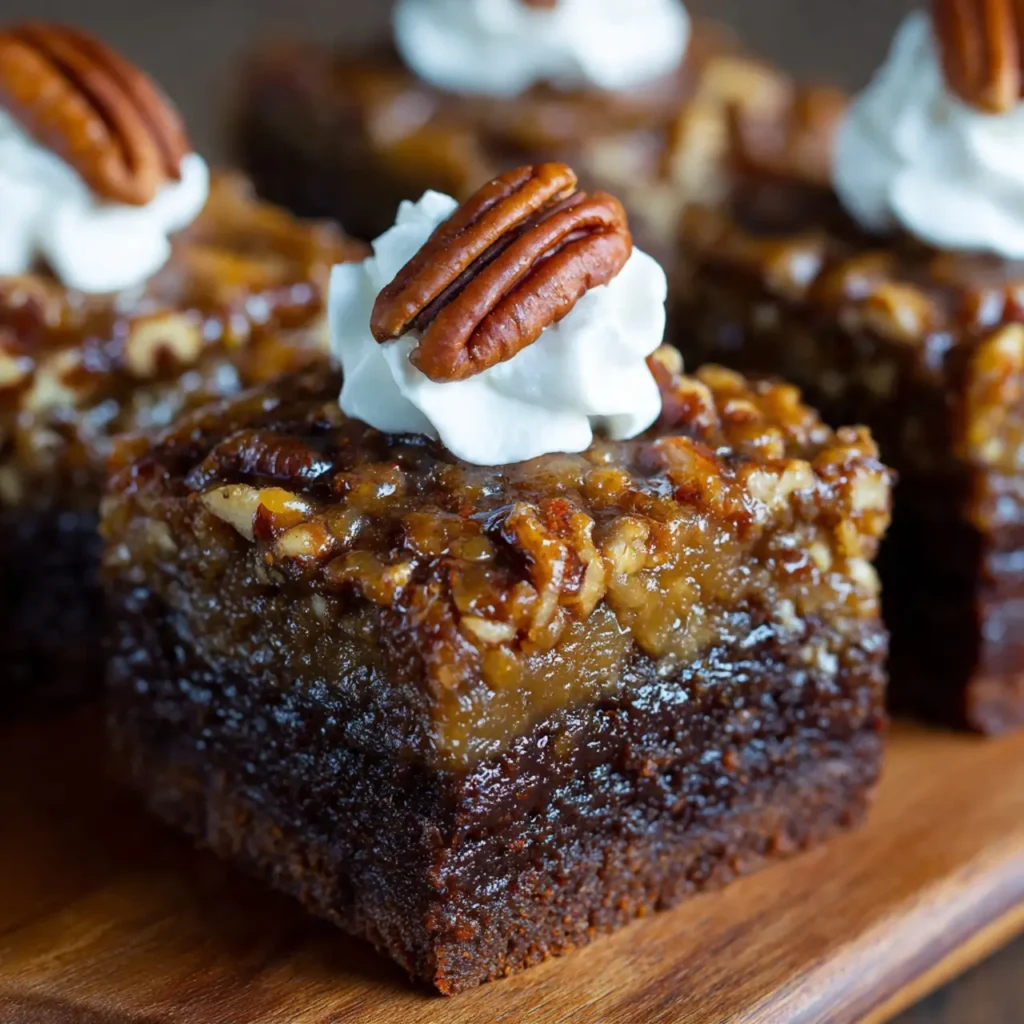 Pecan pie brownies topped with whipped cream and a whole pecan.