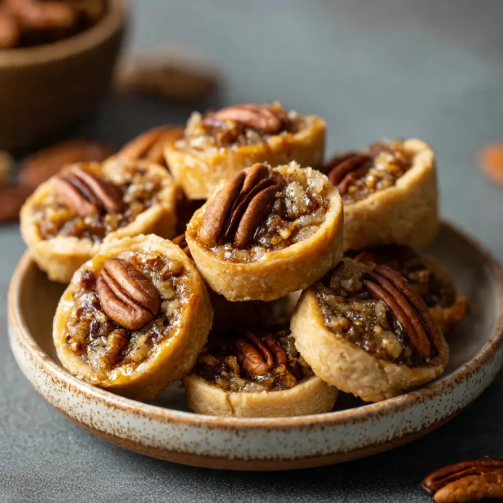Mini pecan pie cookie cups filled with gooey pecan filling.