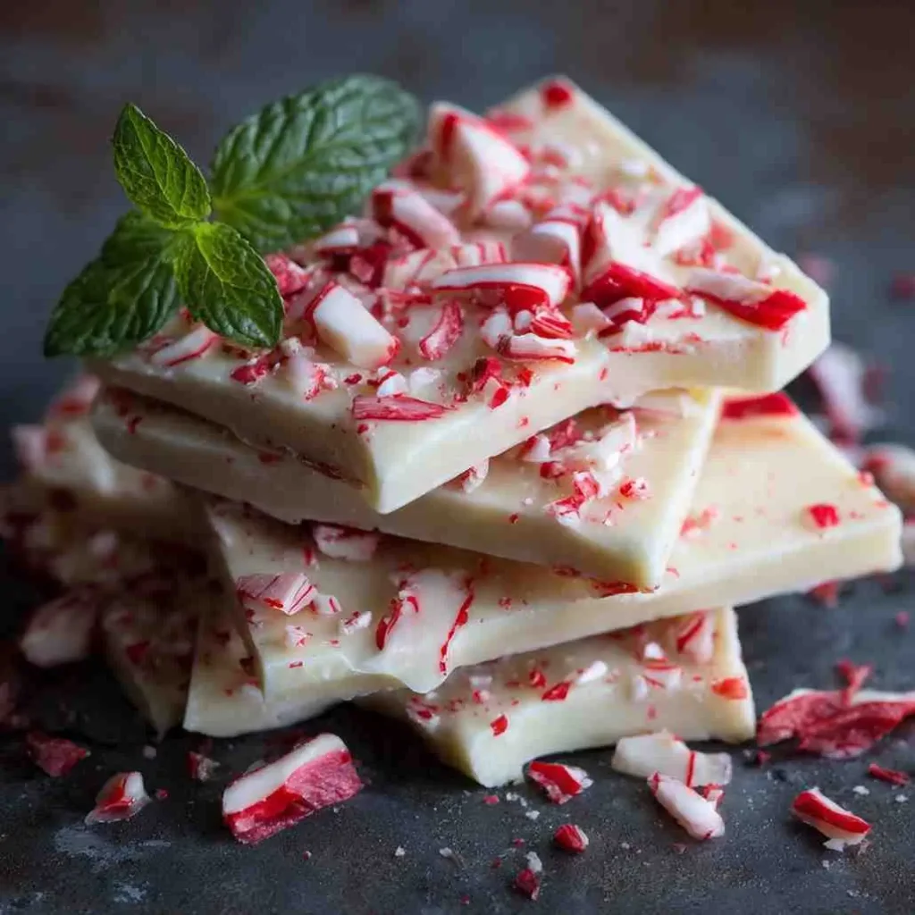 Stack of white chocolate Peppermint Bark topped with crushed candy canes and fresh mint leaves on dark surface