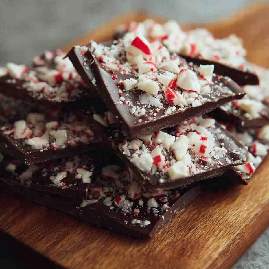 Pile of dark chocolate Peppermint Bark with crushed candy canes on a wooden serving board