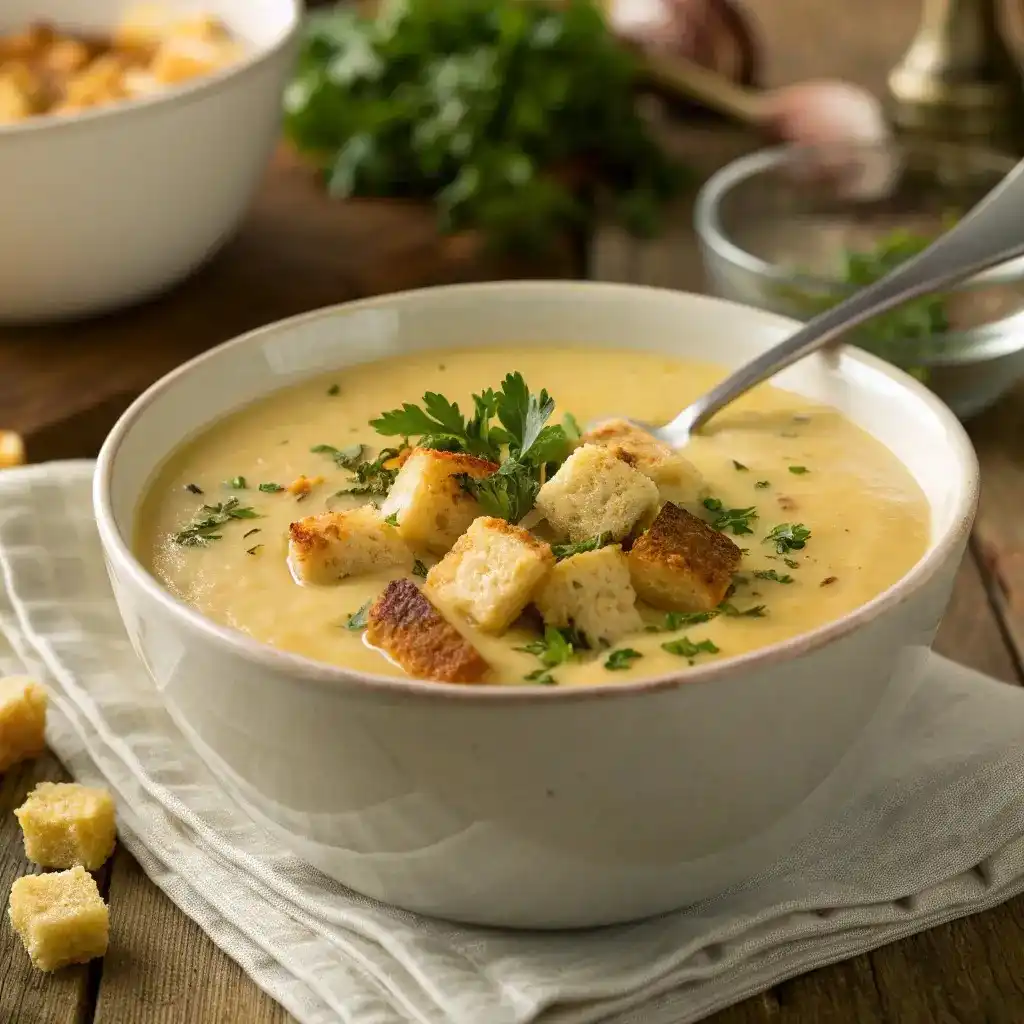 Bowl of creamy potato soup topped with golden croutons and parsley.