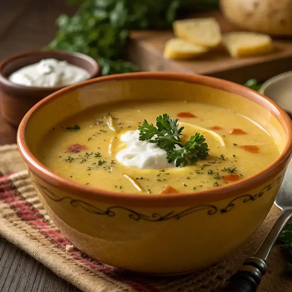 Bowl of creamy potato soup topped with sour cream and parsley in a rustic setting.