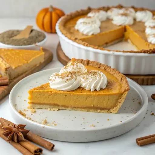 Slice of pumpkin cream cheese pie with whipped cream on top and cinnamon dusting on a white plate.