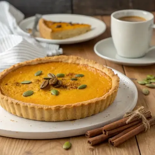 Freshly baked pumpkin pie on a white plate with cinnamon sticks and a cup of coffee.
