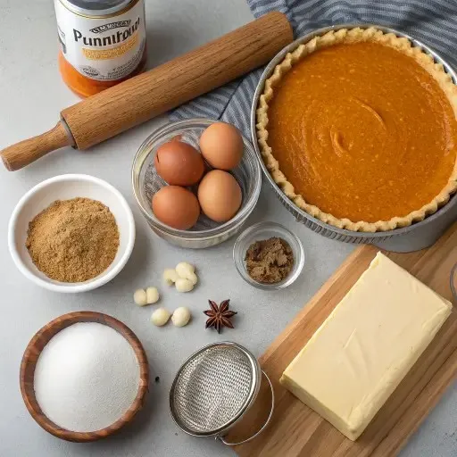 Flat lay of pumpkin pie ingredients including eggs, sugar, flour, butter, and canned pumpkin.