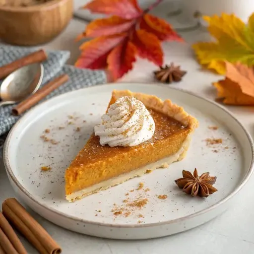 Slice of pumpkin pie topped with whipped cream and cinnamon surrounded by autumn leaves and spices.