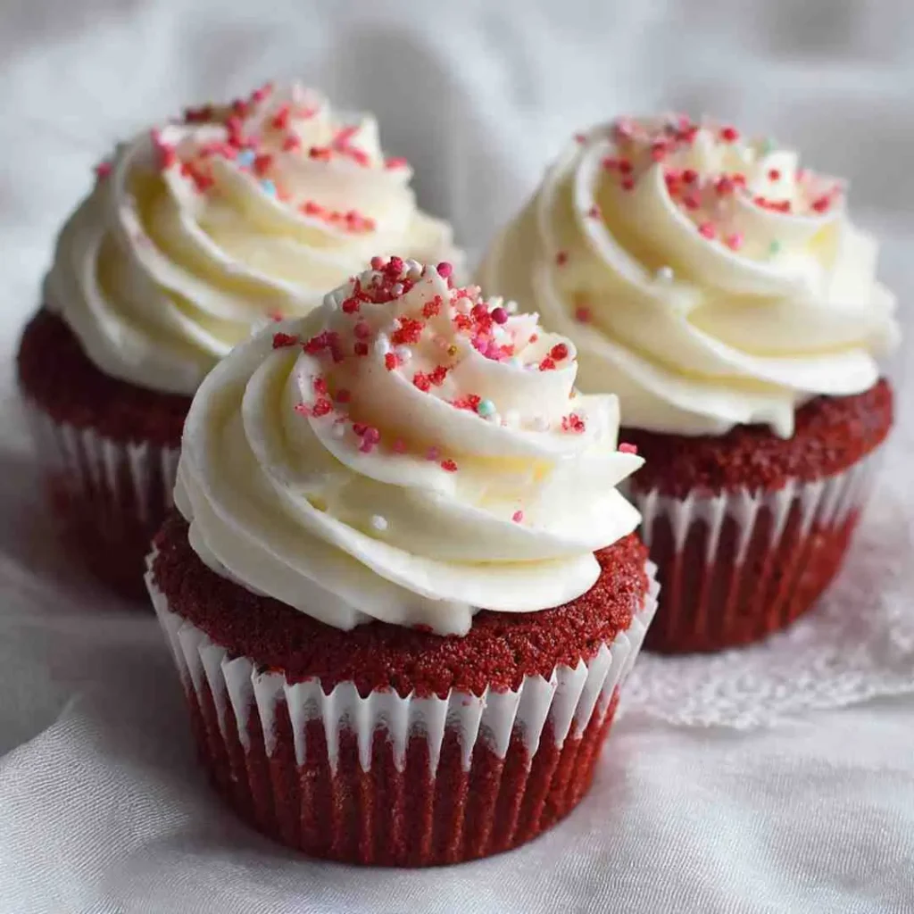 “Plate of red velvet cupcakes with cream cheese frosting and decorative toppings, ready to serve.”