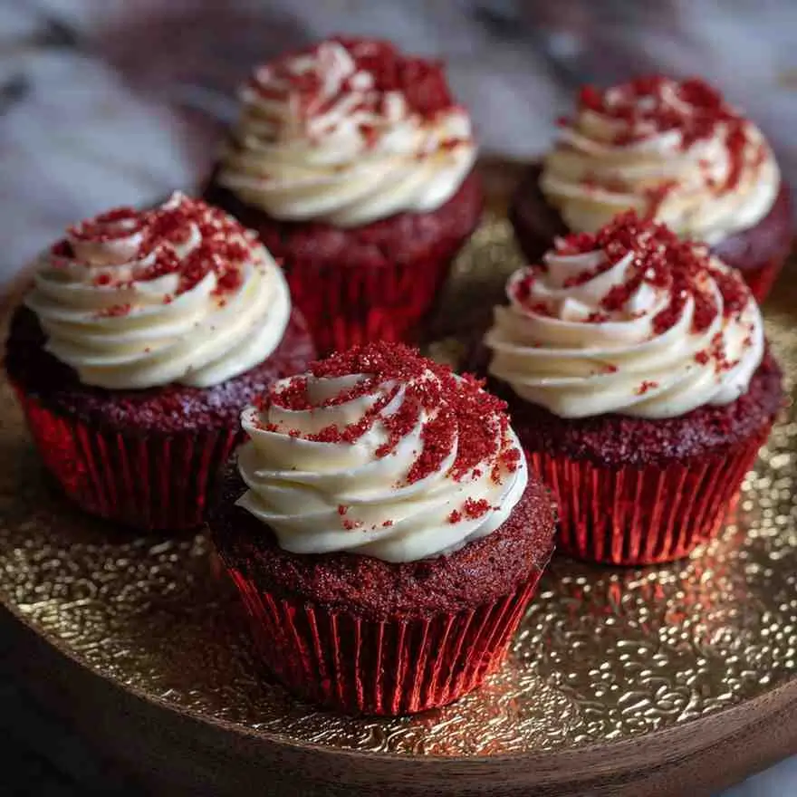 “Single red velvet cupcake topped with swirled cream cheese frosting and red sugar sprinkles on a cupcake liner.”