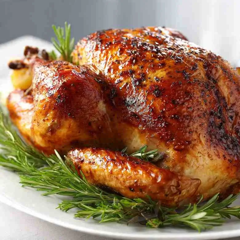 Golden-brown roast turkey with crispy skin on a white platter, garnished with fresh rosemary sprigs.