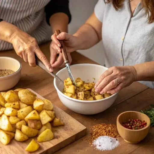 Two people mixing seasoned potato cubes in a bowl