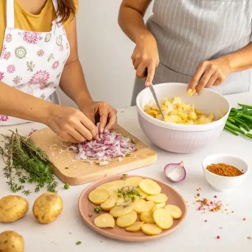 People chopping herbs and mixing sliced potatoes in bowls