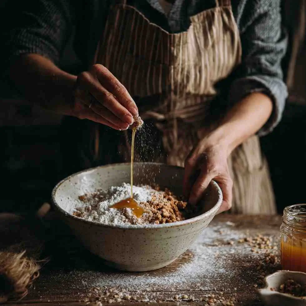 Person mixing flour and spices in a large bowl while drizzling melted butter into the batter in a dark, rustic kitchen setting.