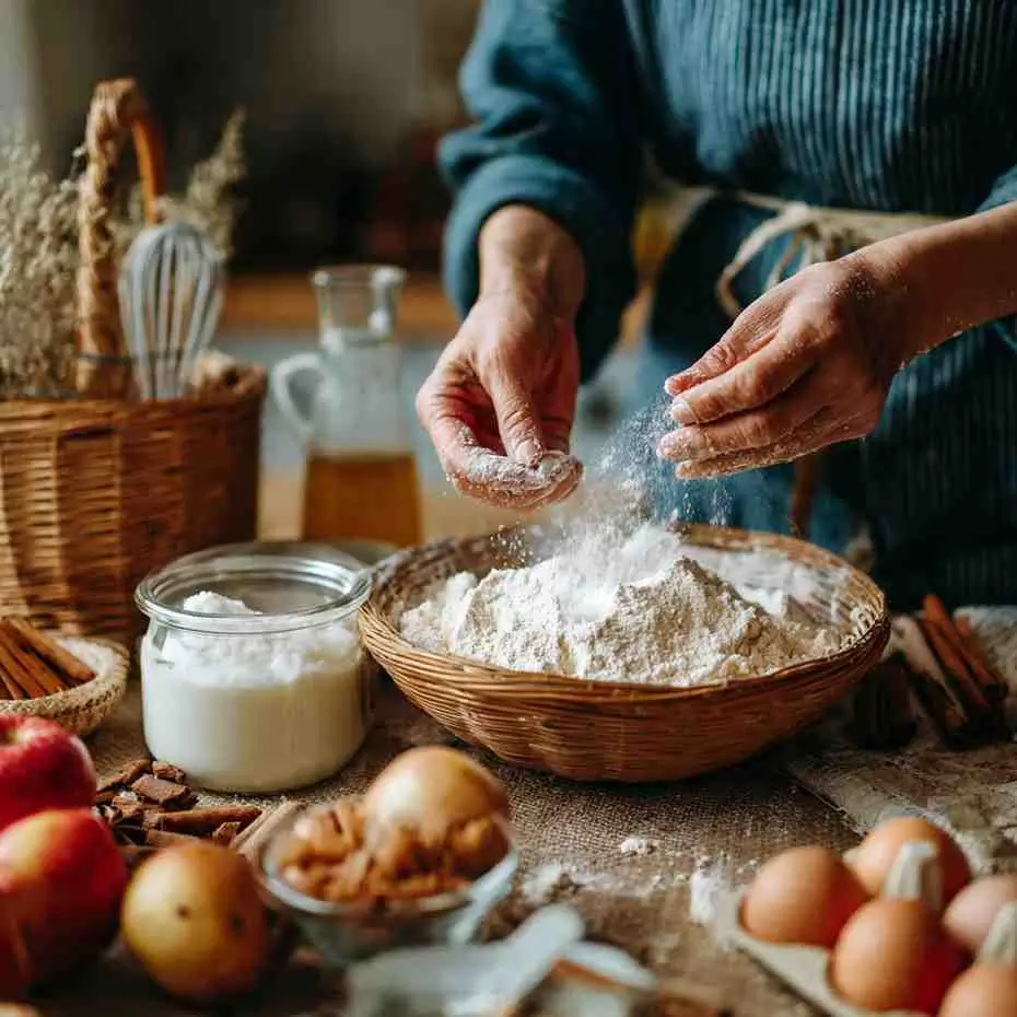 Baker dusting flour into a mixing bowl surrounded by apples, cinnamon, eggs, and jars of baking ingredients on a wooden table.