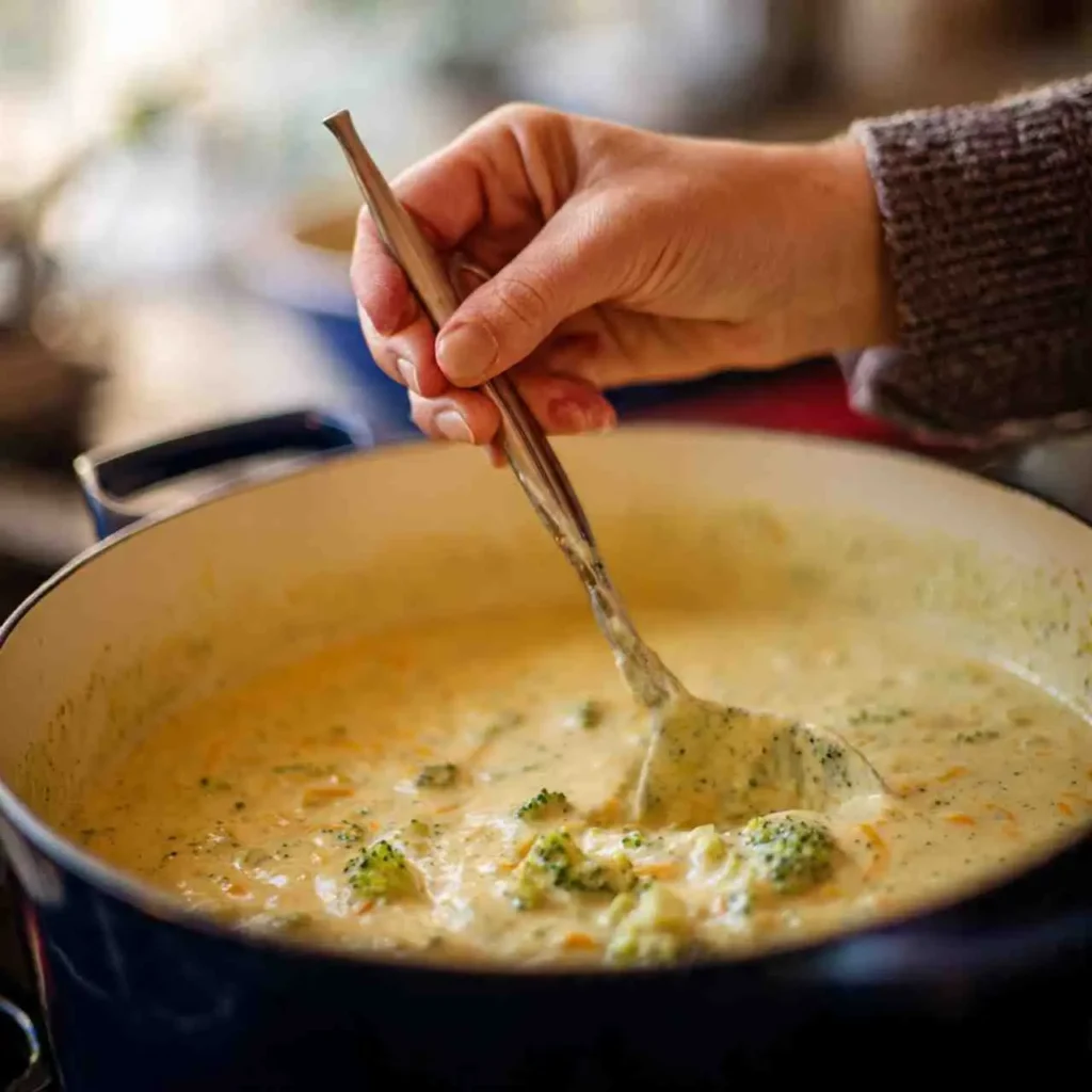 Person stirring creamy broccoli cheddar soup in a pot with a spoon while it simmers.