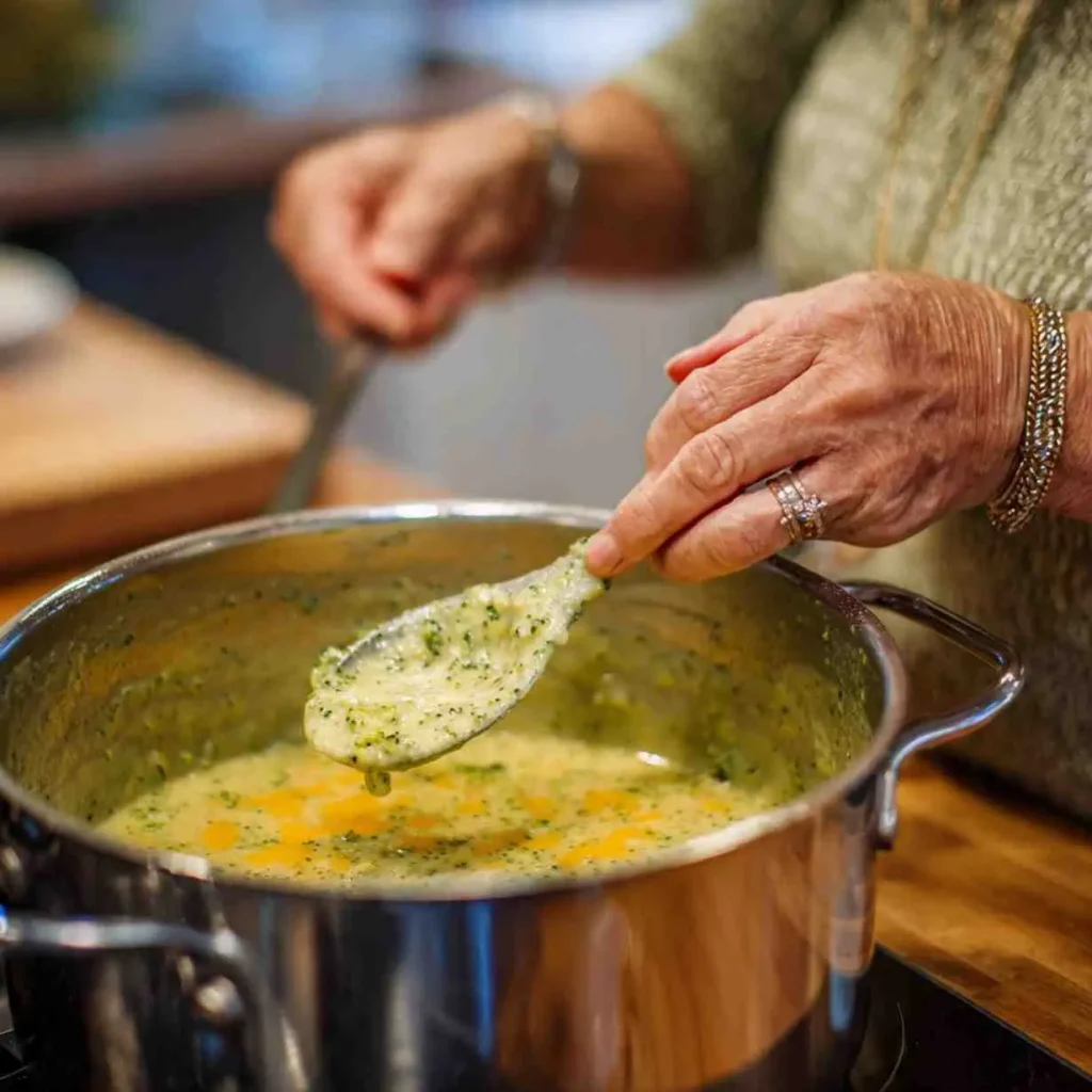Close-up of hands holding a spoon of hot broccoli cheddar soup from a stainless-steel pot.