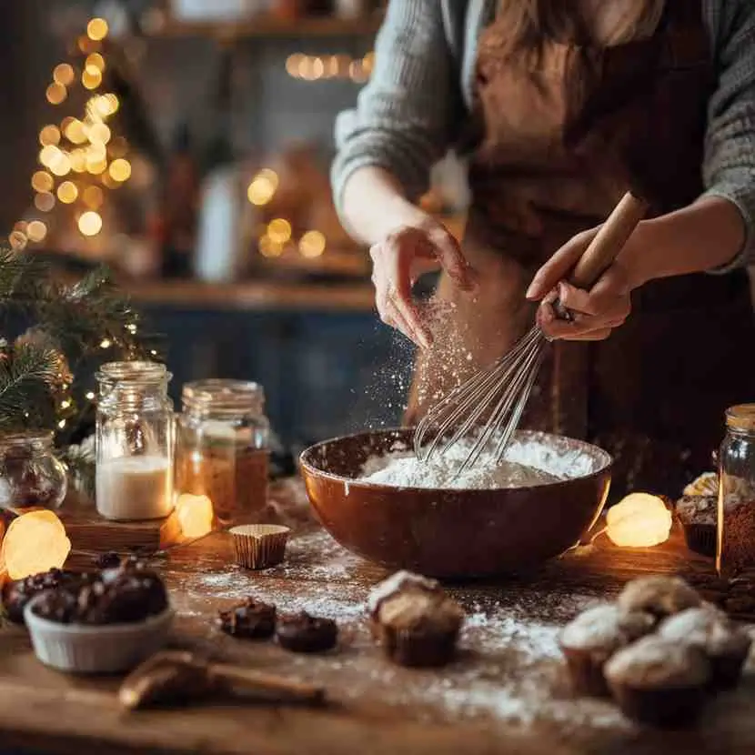 Woman whisking flour in a festive holiday kitchen surrounded by Christmas baking ingredients.