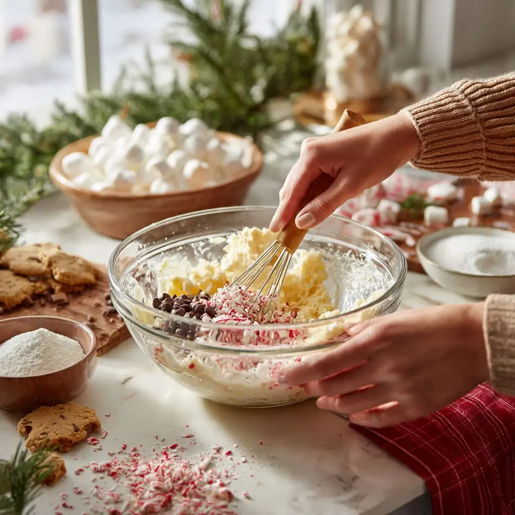 Hands whisking chocolate chips and crushed peppermint into a fudge mixture in a glass bowl.