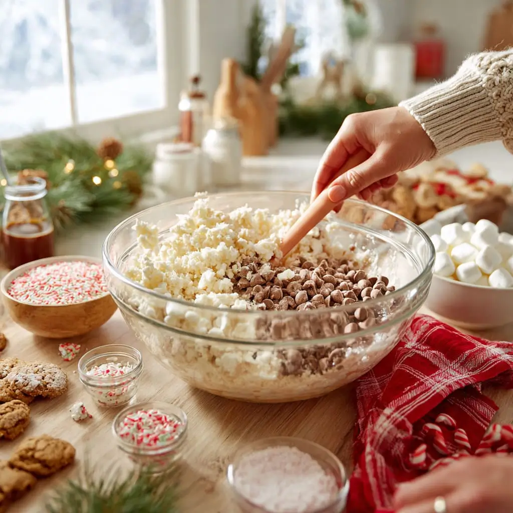Hand folding chocolate chips into a bowl of fudge mixture during Christmas baking.