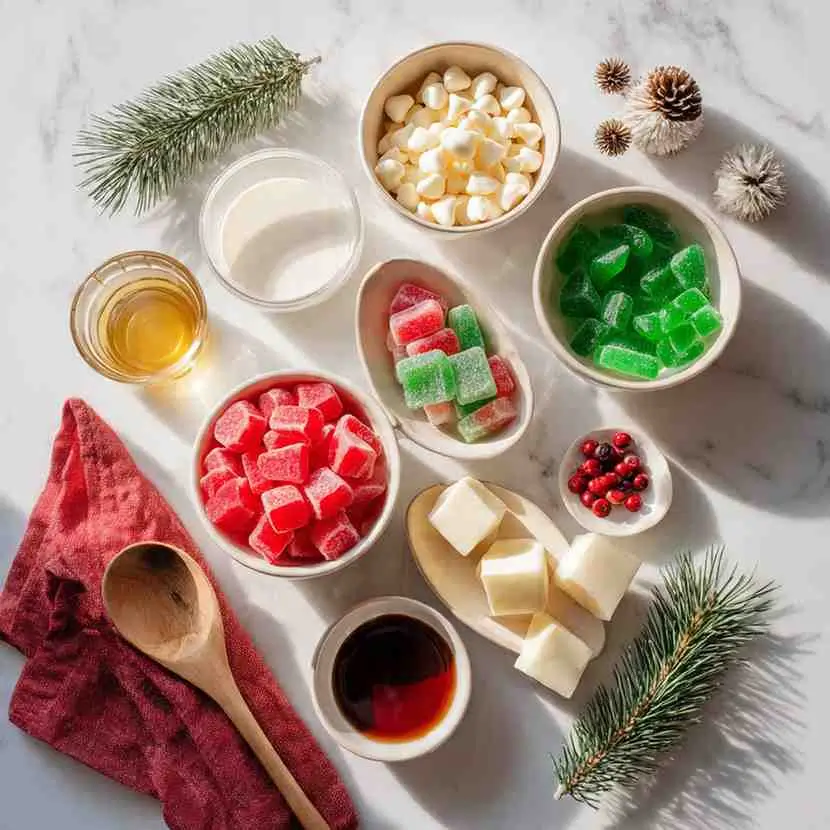 Flat lay of Christmas gumdrop fudge ingredients on a white marble surface.