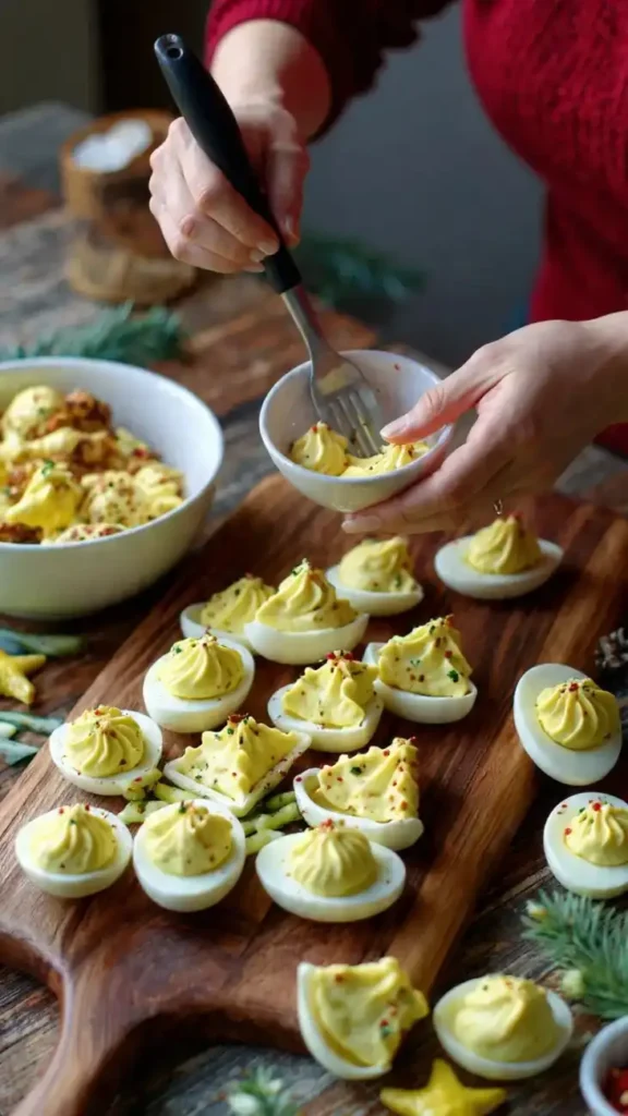 Person spooning deviled egg filling into egg whites arranged on a wooden board.