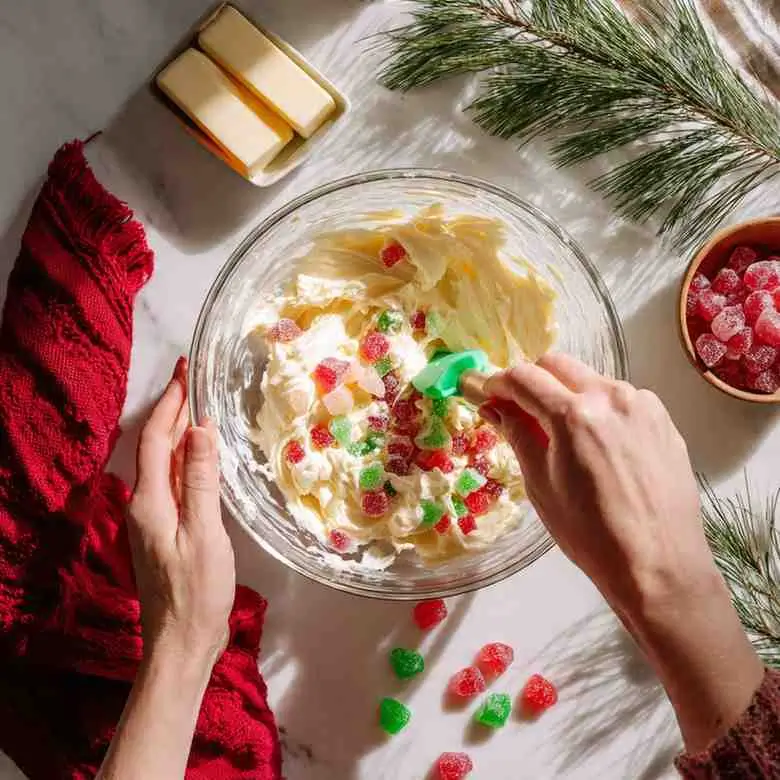 Hands folding colorful gumdrops into a creamy fudge mixture.
