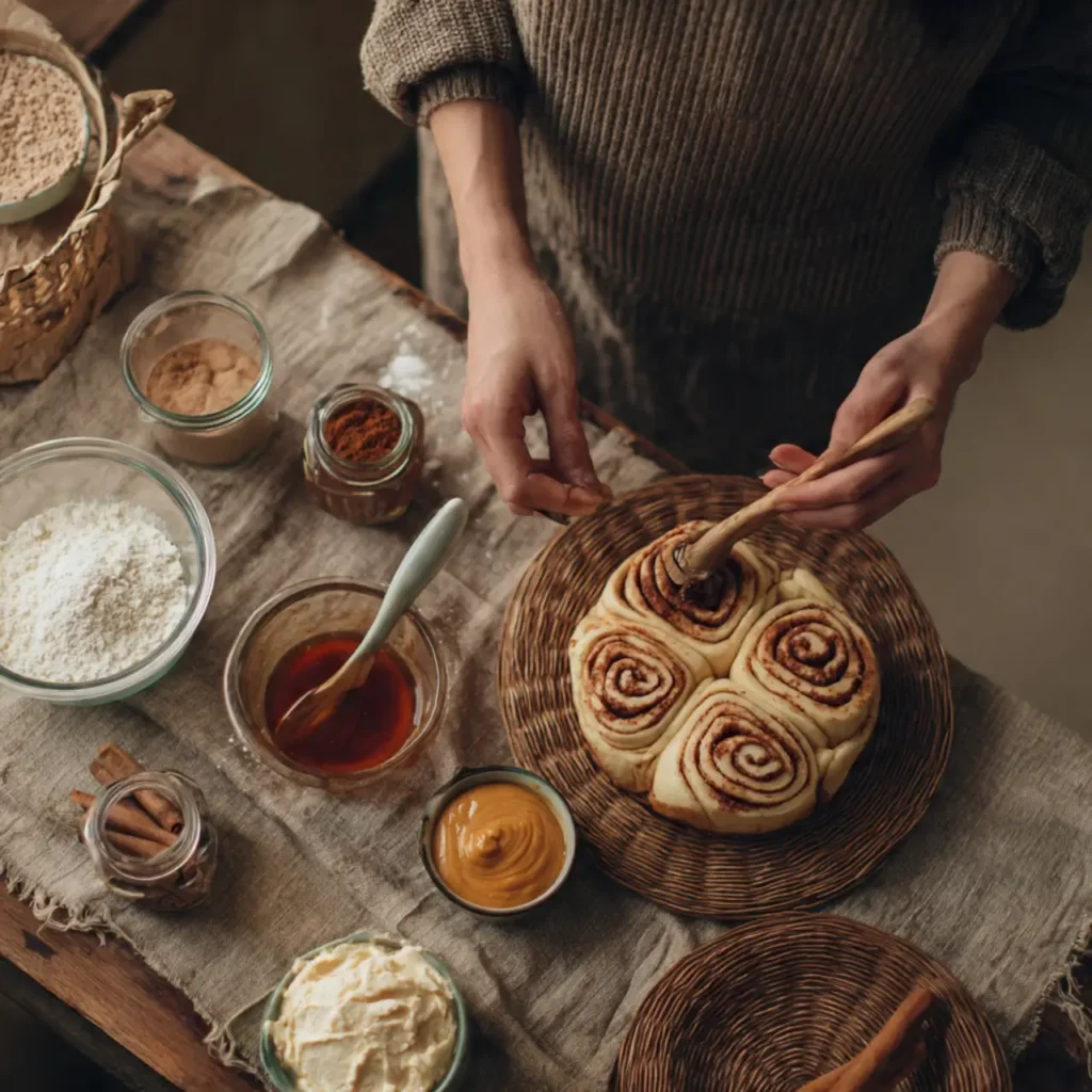 Person brushing cinnamon filling onto rolled cinnamon roll dough surrounded by bowls of flour, sugar, cinnamon, and butter.