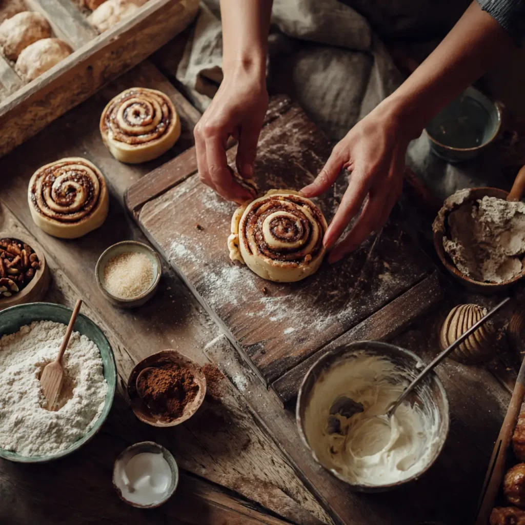 Hands shaping cinnamon roll dough on a floured wooden board surrounded by bowls of flour, sugar, cinnamon, and icing.