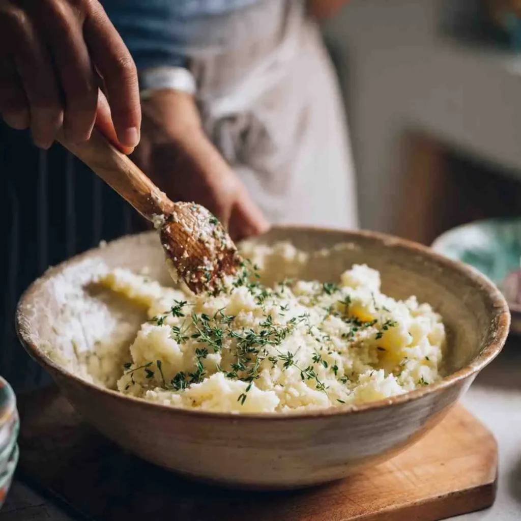 Hands mixing mashed potatoes with herbs in a large rustic bowl.