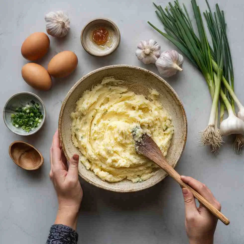 Bowl of creamy garlic mashed potatoes surrounded by eggs, garlic, scallions, and seasonings.