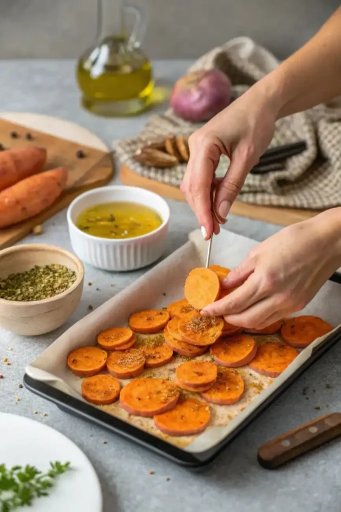 Hands seasoning sweet potato slices on a parchment-lined baking sheet before roasting.