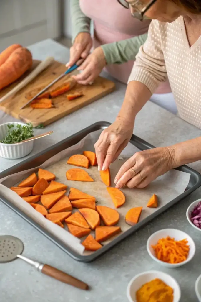 Two people slicing and arranging sweet potato wedges on a baking tray lined with parchment paper.