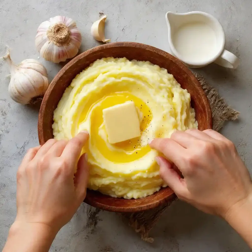 Hands making creamy garlic mashed potatoes with butter melting on top.