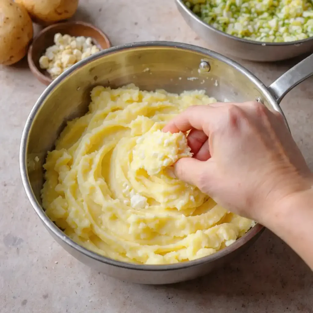 Mashed potatoes in a pan being mixed by hand with visible butter and garlic.