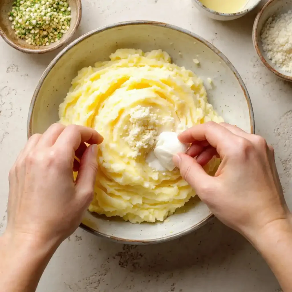 Hands adding sour cream and parmesan cheese to creamy garlic mashed potatoes in a bowl.