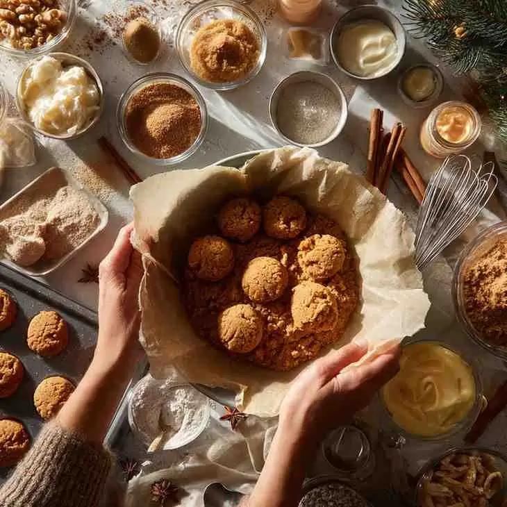 Hands placing gingerbread cookie dough balls into a parchment-lined baking pan surrounded by ingredients.
