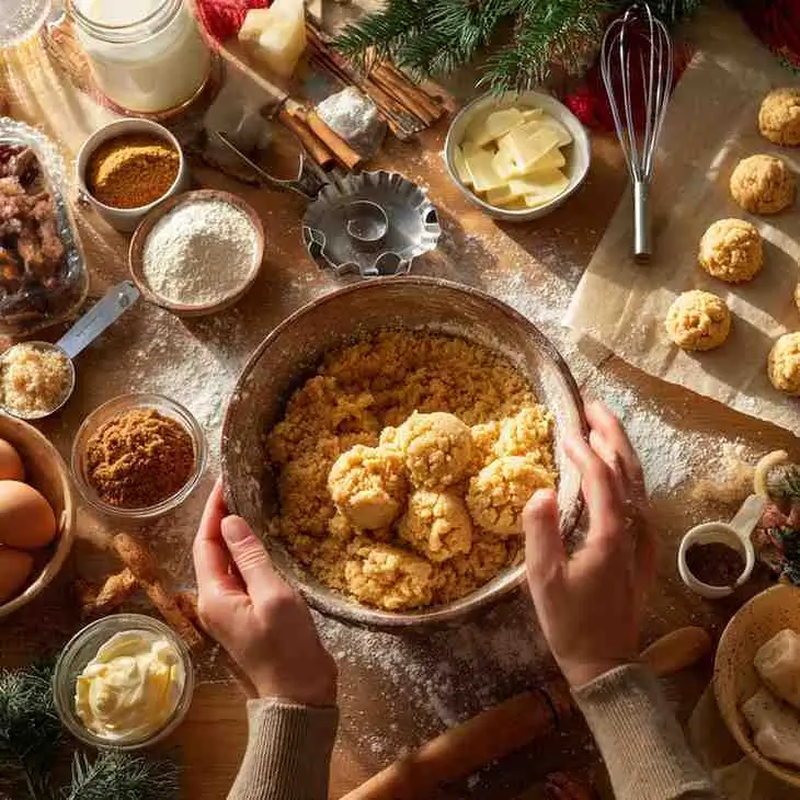 Overhead view of hands mixing gingerbread cookie dough in a bowl surrounded by baking ingredients.