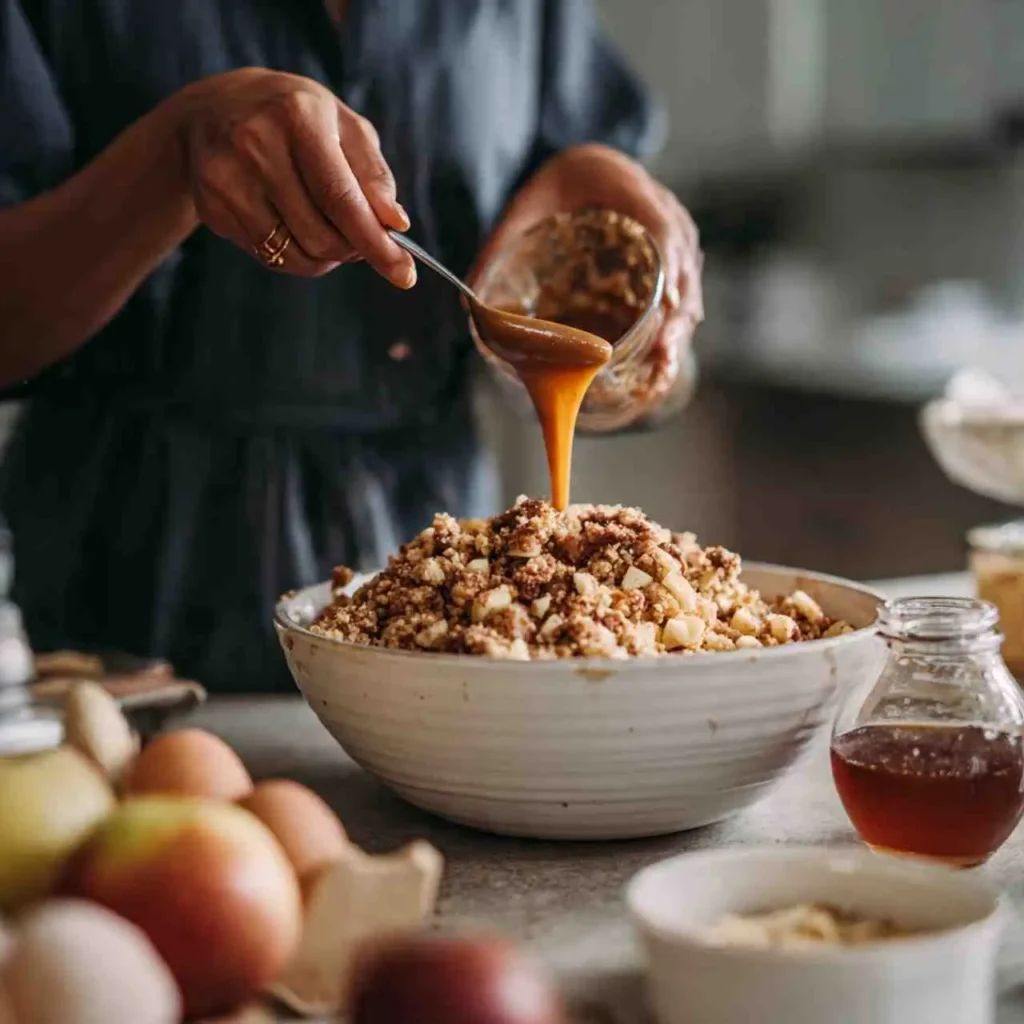 Person pouring maple syrup over a large bowl of chopped apples mixed with gluten free crumble ingredients.