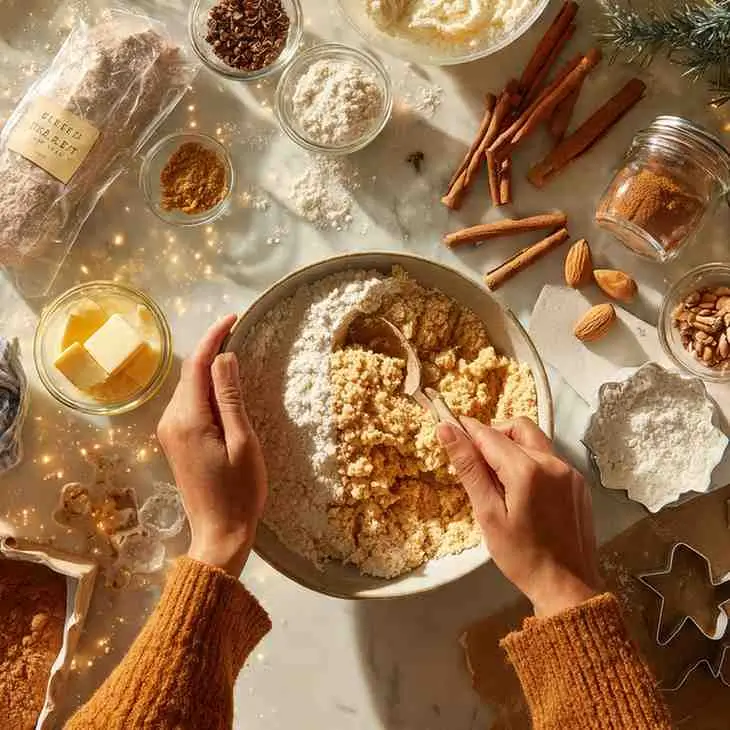 Hands mixing gluten-free gingerbread dough in a bowl with holiday ingredients around.