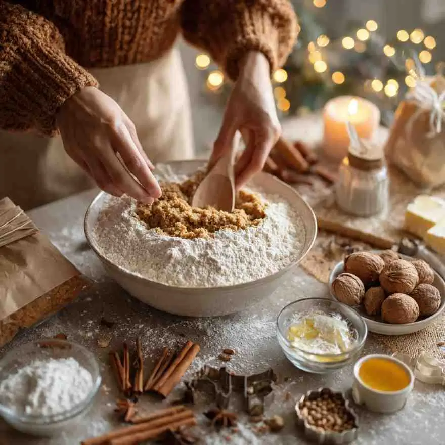 Hands preparing gluten-free gingerbread dough with flour and brown sugar in a rustic kitchen.