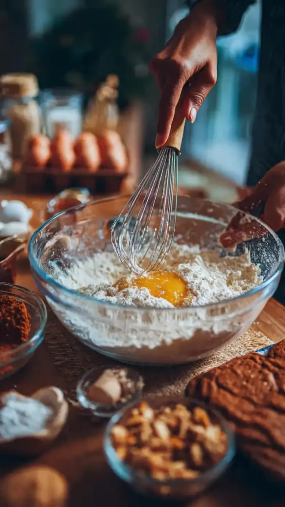 Hands whisking an egg into a bowl of flour while surrounded by baking ingredients like spices, nuts, and cookie dough.