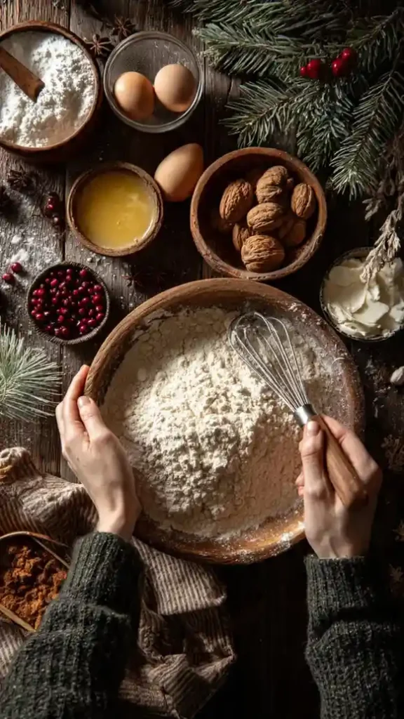 Overhead view of holiday baking ingredients including flour, eggs, walnuts, melted butter, cranberries, and evergreen decor.