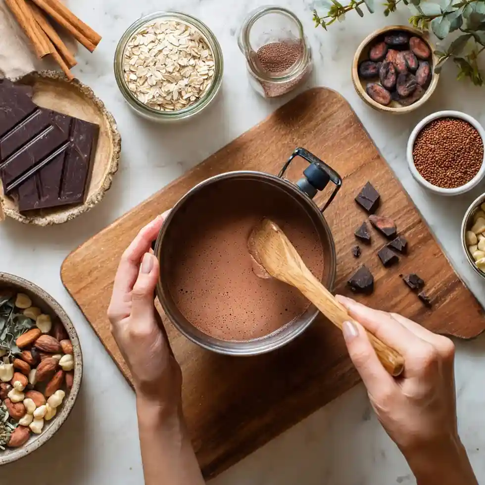 Hands stirring warm hot chocolate in a saucepan surrounded by chocolate pieces, oats, spices, and nuts.