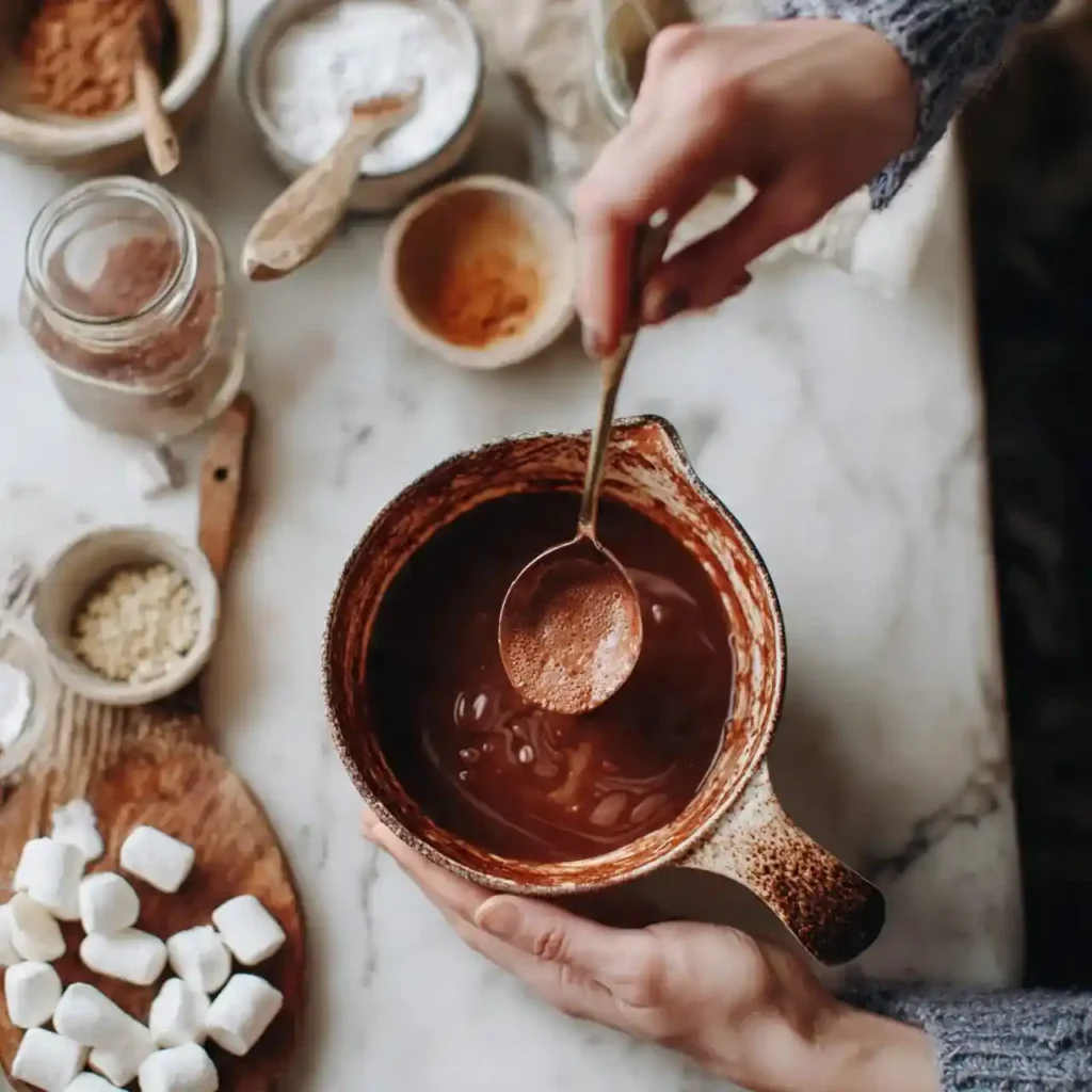 Person ladling freshly made hot chocolate from a rustic saucepan with marshmallows and ingredients nearby.