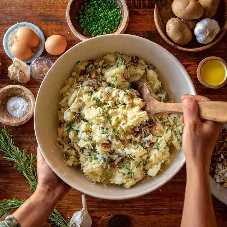 Large bowl of creamy mashed potatoes mixed with herbs and caramelized onions, surrounded by fresh ingredients.