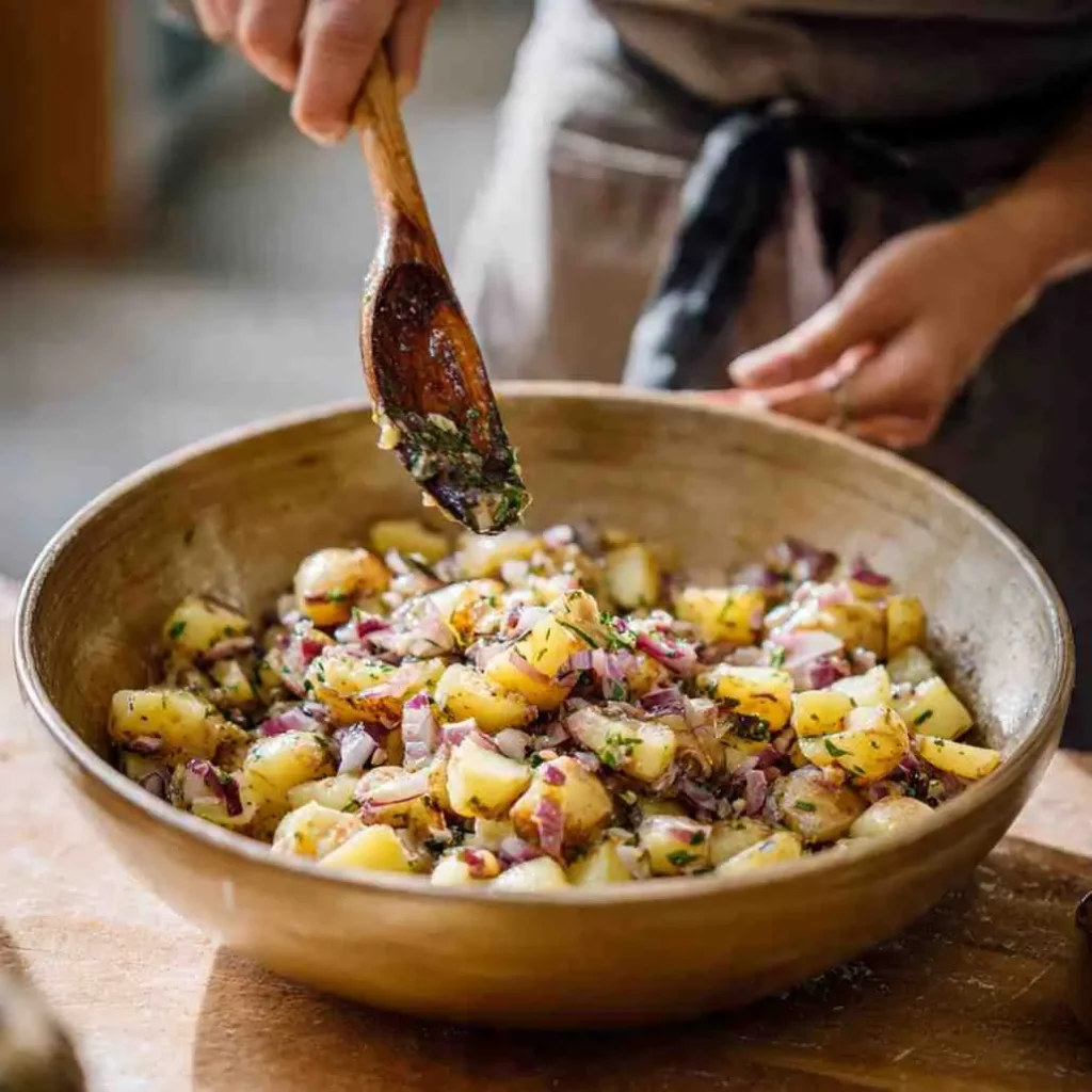Warm potato salad mixed with red onion, herbs, and vinaigrette in a wooden bowl.