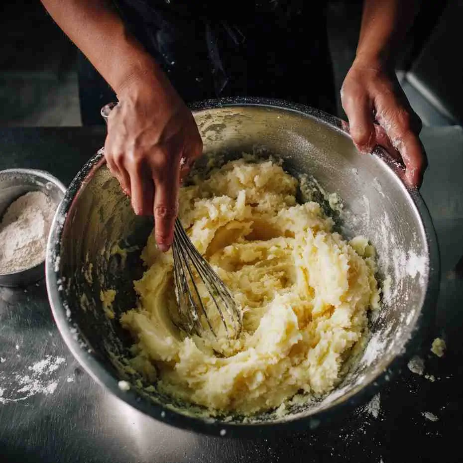 Close-up of hands whisking smooth mashed potatoes in a stainless steel mixing bowl