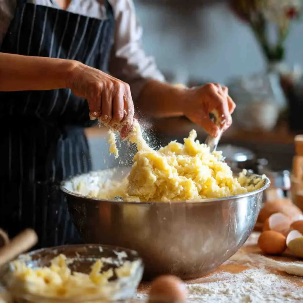 Chef sprinkling flour over mashed potatoes while shaping them in a metal bowl