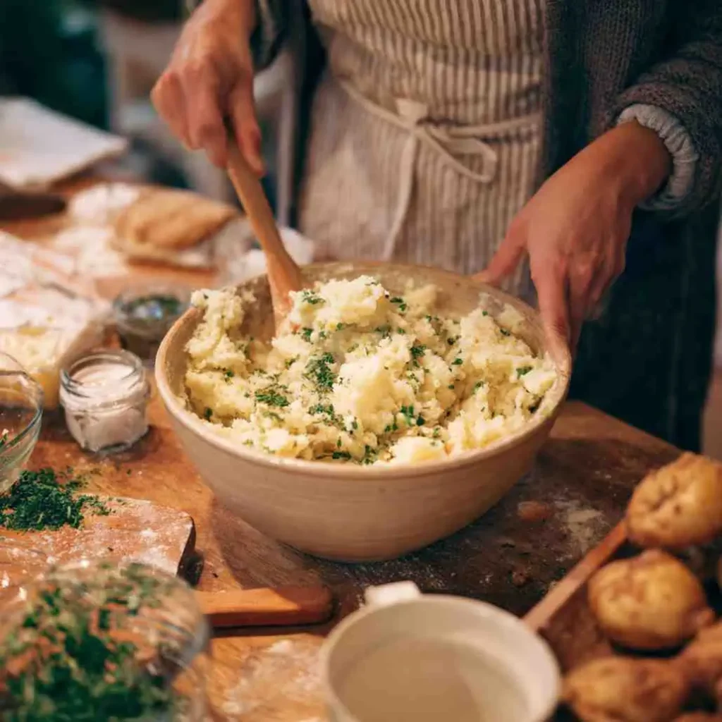 Person stirring creamy mashed potatoes with fresh herbs in a rustic bowl on a wooden kitchen counter