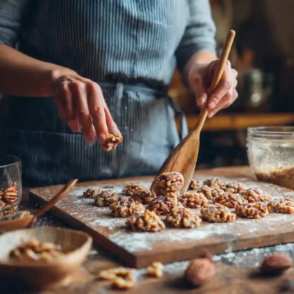 Person shaping pecan pie cookie dough on a floured wooden board.