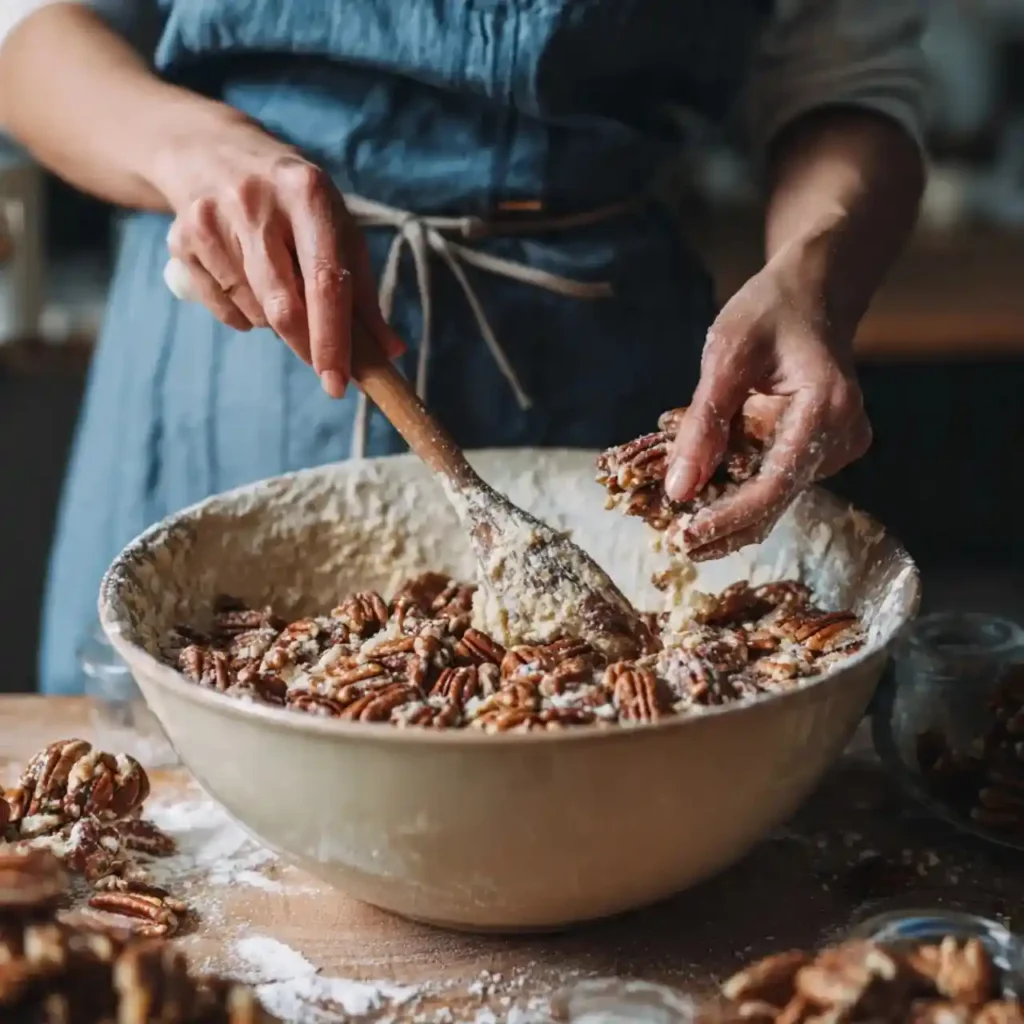 Hands mixing pecans into cookie dough in a large bowl.